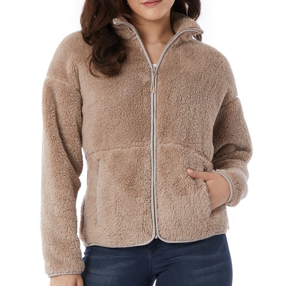 32 Degrees Fleece Drop Shoulder Front Zipper Fuzzy Jacket Beige Women’s Size L